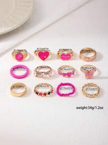12pcs/Set Cute Dopamine Themed Minimalist Geometric Line Rings, Versatile For Commute And Vacation