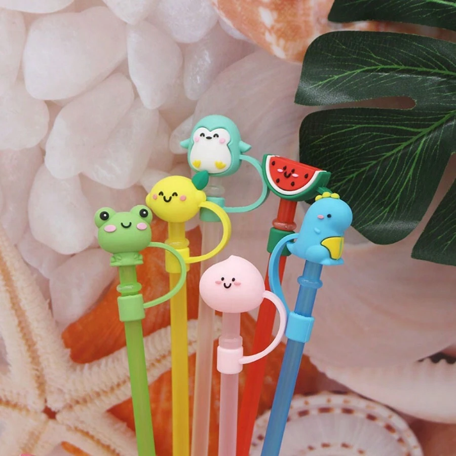 6 piezas Tapa de pajita con estilo de dibujo animado de animal, tapa de pajita linda y creativa a prueba de polvo, tapa de pajita personalizada y reutilizable, funda para pajita - Multicolor - Ver 1