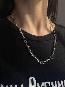 欧美朋克风荆棘项链，嘻哈街头男女通用锁骨链，适合运动衫/T恤，独特设计带荆棘不对称项链，精致小众珠宝配饰，简约个性，用途广泛 - 銀色 - 查看 5