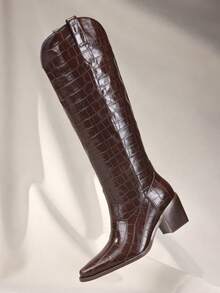 Women's Stone Cowboy Boots, Wide Calf Knee High Cowgirl Boots With Side Zipper, Almond Toe Mid Heel Retro Fashion Tall Cowgirl Boot Pull On For Ladies - Đồng - Xem 5