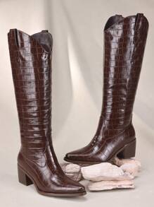 Women's Stone Cowboy Boots, Wide Calf Knee High Cowgirl Boots With Side Zipper, Almond Toe Mid Heel Retro Fashion Tall Cowgirl Boot Pull On For Ladies - Đồng - Xem 1