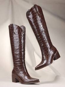 Women's Stone Cowboy Boots, Wide Calf Knee High Cowgirl Boots With Side Zipper, Almond Toe Mid Heel Retro Fashion Tall Cowgirl Boot Pull On For Ladies - Đồng - Xem 3
