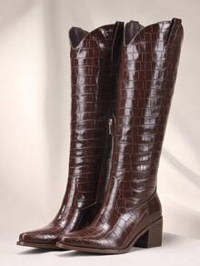Women's Stone Cowboy Boots, Wide Calf Knee High Cowgirl Boots With Side Zipper, Almond Toe Mid Heel Retro Fashion Tall Cowgirl Boot Pull On For Ladies - Đồng - Xem 2