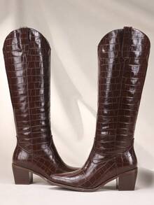 Women's Stone Cowboy Boots, Wide Calf Knee High Cowgirl Boots With Side Zipper, Almond Toe Mid Heel Retro Fashion Tall Cowgirl Boot Pull On For Ladies - Đồng - Xem 4