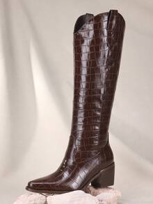 Women's Stone Cowboy Boots, Wide Calf Knee High Cowgirl Boots With Side Zipper, Almond Toe Mid Heel Retro Fashion Tall Cowgirl Boot Pull On For Ladies - Đồng - Xem 6