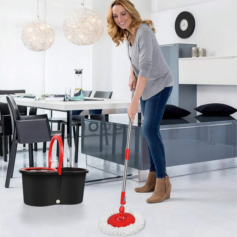 Bộ Cây Lau Nhà Và Xô, Cây Lau Nhà Và Xô Xoay 360° Với Bộ Máy Vắt Và 3 Cây Lau Nhà Microfiber Nạp Lại, Hệ Thống Xô Lau Nhà Quay Để Lau Sàn - ĐEN ĐỎ - Xem 1