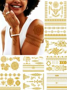 9 Sheets Gold Metallic Waterproof Nontoxic Stickers Temporary Tattoo Long Lasting Tattoos Flash Sheets Perfect For Party Festivals Beach - Gold - View 1