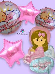Kit/Set de 5 Globos de bautizo  para niñaa o niñoo color rosa o azul - Rosa - Ver 3