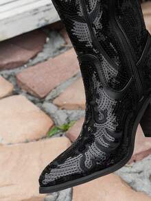 女士時尚側拉鍊閃亮亮片刺繡純色萬匹靴，牛仔靴 - 黑色 - 查看 7