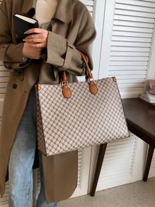 时尚印花多功能旅行购物手提包，超大容量复古手提包，复古手提包/单肩包，女士时尚通勤手提包，背包，书包，开学第一天完美之选，适合所有季节，秋冬季 - 卡其色 - 查看 3