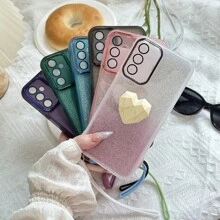 綠色1入組愛心形狀+矽膠帶手機殼，適用於三星S24U，閃亮版，新S23設計，矽膠防震超輕量後蓋，適用於A55 A73 M34 - 綠色 - 查看 1