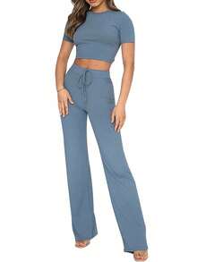 Conjuntos De 2 Piezas Para Mujer Crop Top De Canalé Pantalones Palazzo De Manga Corta Lounge Set Navidad Ropa Mujer - Azul - Ver 3