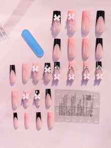 96 piezas/4 sets de pegatinas de uñas acrílicas con forma de almendra, diseño de fresa francesa en blanco y negro y diseño de lazo con perlas, diseño de lazo y cristales en blanco y rosa, incluye 4 piezas de gel de gelatina y 4 piezas de limas de uñas, adecuado para decoración de uñas de mujeres y niñas - Multicolor - Ver 6