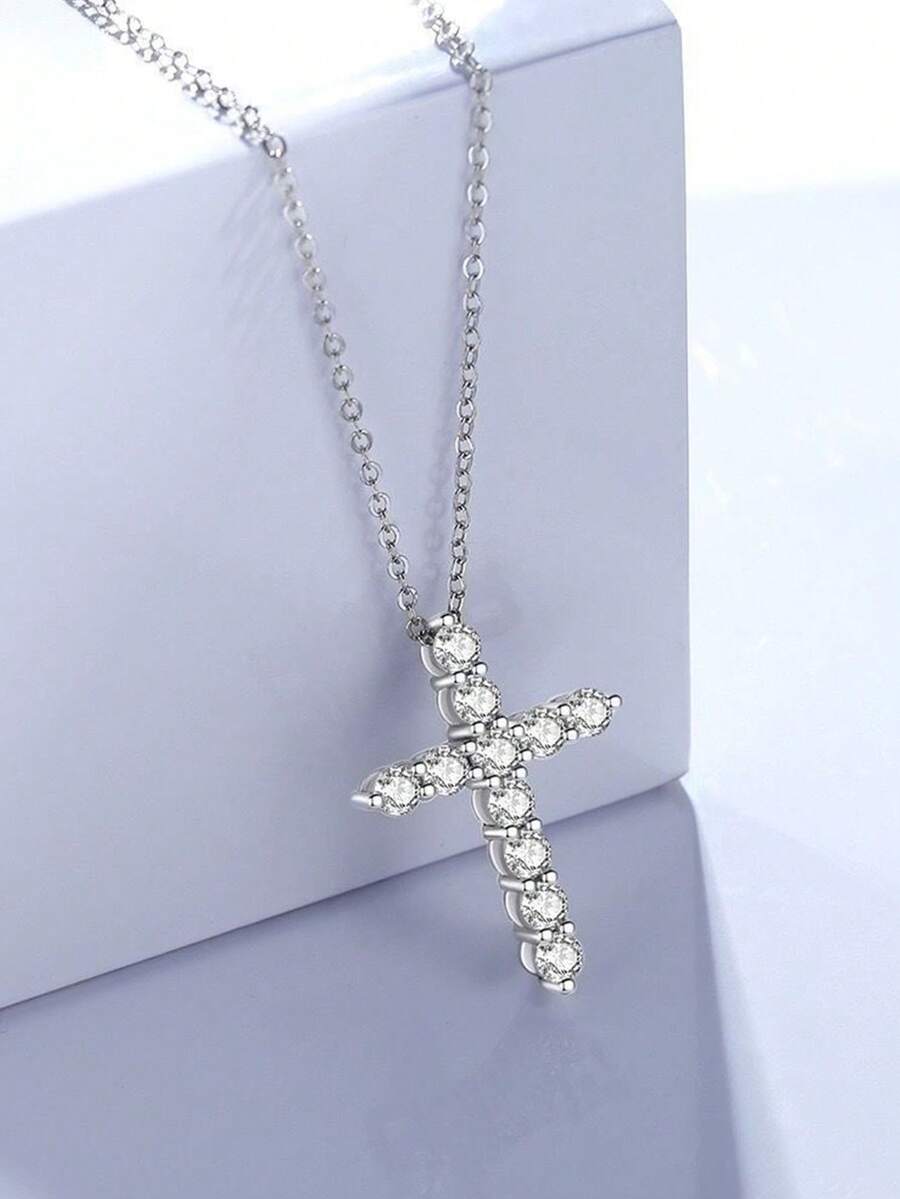 1入S925純銀時尚項鍊，鑲鑽石，哥德式街頭風格閃亮銀色頸鍊，女性純銀珠寶飾品，假日禮物 - 銀色 - 查看 1