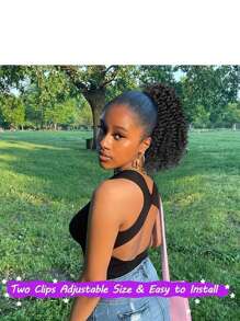 女士黑色卷曲馬尾插片辮繩，14吋人造馬尾辮留繩，附有2個夾子 (烏黑色) - 黑色 - 查看 6