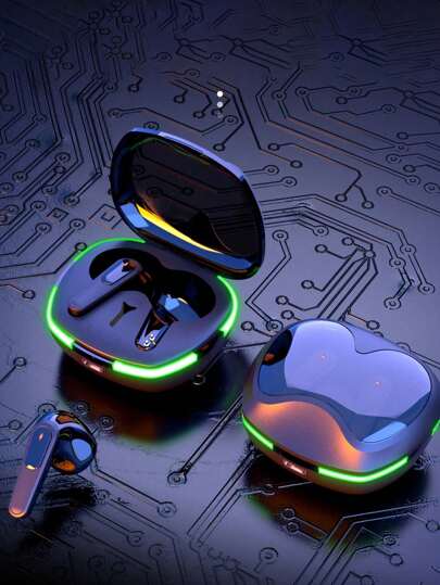 GENAI Auriculares de juego GENAI Esports con Bluetooth, estuche de carga con tira de luz LED colorida, decodificación de audio AAC avanzada, micrófono incorporado, cancelación de ruido inteligente, diseño ergonómico cómodo, sincronización audiovisual de baja latencia y resistencia al agua a nivel de vida cotidiana para dos anfitriones.