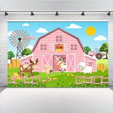 Pink Barn Farm Background Cartoon Farm Animals Birthday Party Decor For Farm Themed Birthday Cake Table Banner Photography Backdrop (Pink) - Pink - View 9