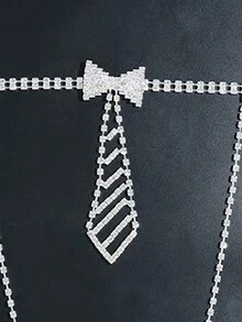 1pc Hollow Rhinestone Studded Bow Tie Front Chain Bikini Accessory - Silver - View 2