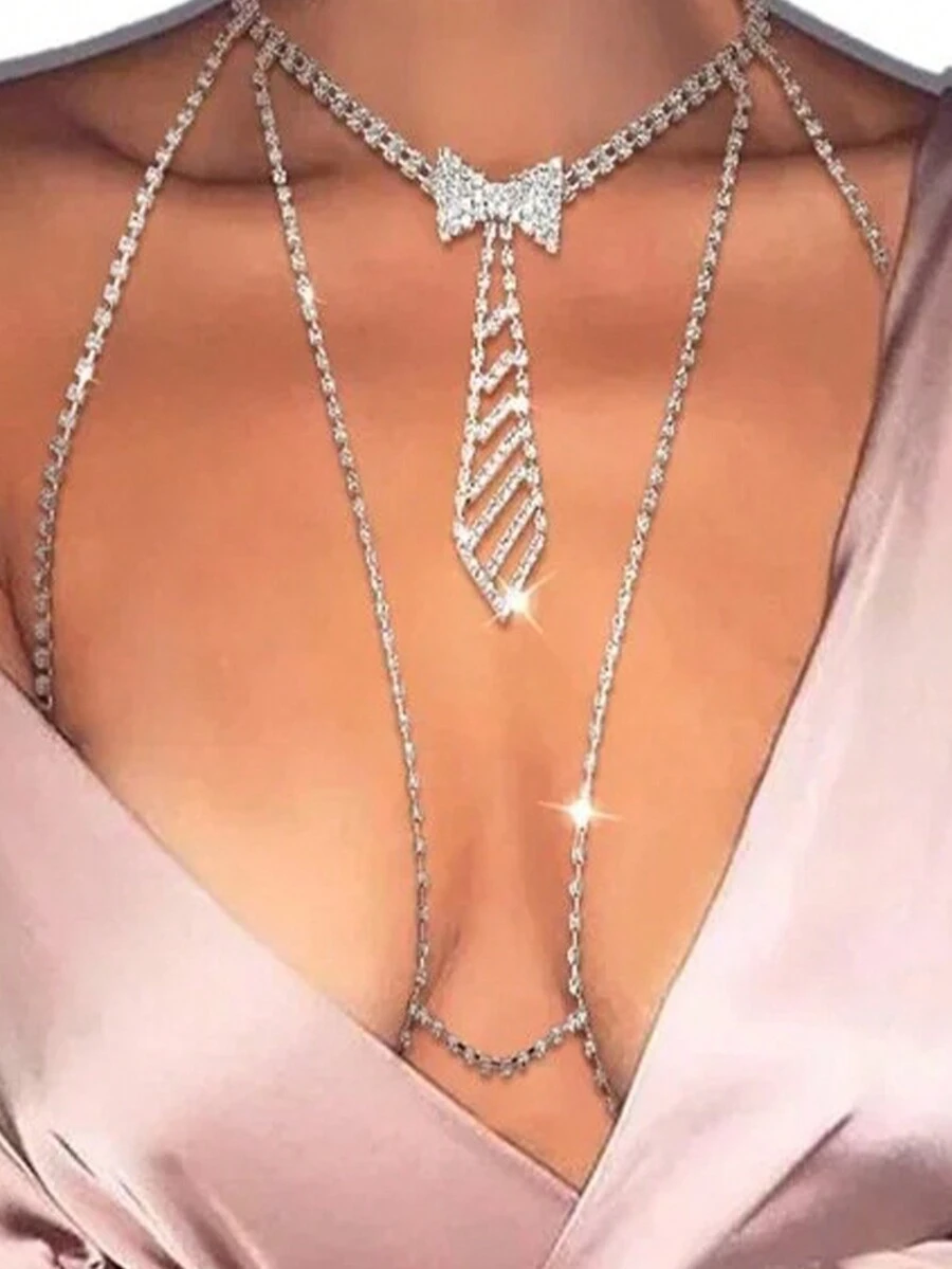 1pc Hollow Rhinestone Studded Bow Tie Front Chain Bikini Accessory - Silver - View 1