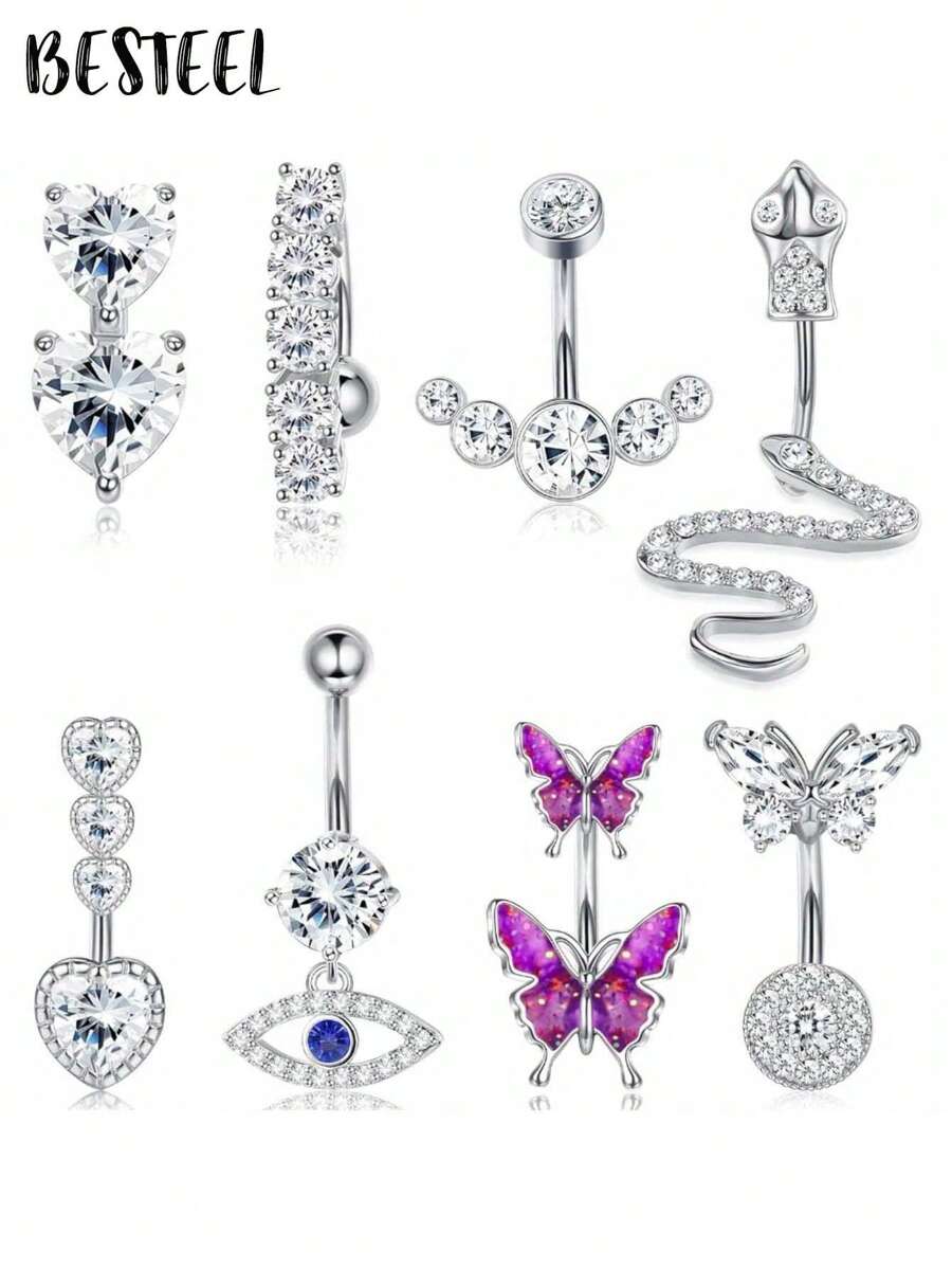 BESTEEL 1pc Stainless Steel 14G Belly Button Rings Surgical Steel Evil Eye Butterfly Snake Belly Button Rings For Women Navel Rings Gold Plated CZ Belly Piercing Jewelry - Steel - View 1