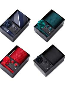 AlanKing 1套绿色领带、手帕、袖扣套装，适合男士商务风格礼盒休闲男士领带 - 混色 - 查看 3