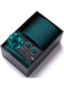 AlanKing 1套绿色领带、手帕、袖扣套装，适合男士商务风格礼盒休闲男士领带 - 混色 - 查看 1