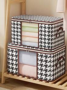 Large Capacity Houndstooth Pattern Storage Bag, Wardrobe Dust-Proof Zipper Container With Transparent Window - Black and White - View 4