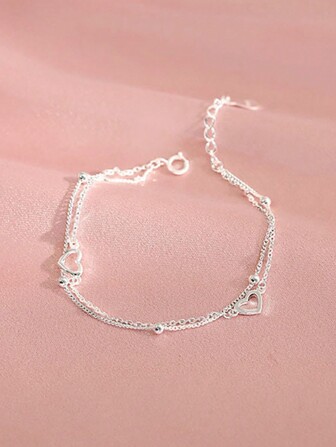 1 件双层心形手链，森系风格，甜美可爱，适合女孩，是送给学生、女士的生日/周年纪念日的完美礼物