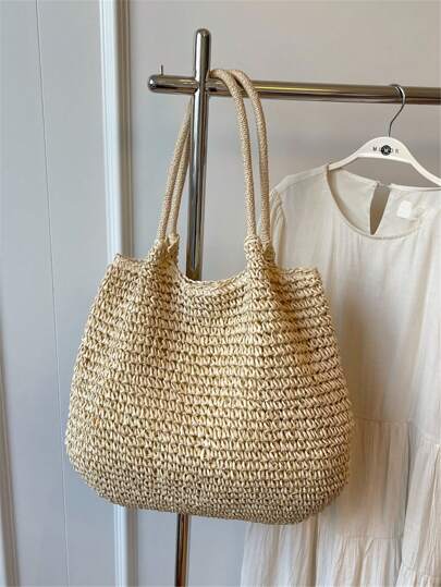 Fashionable Large Capacity Holiday Beach Bag, Women's Woven Straw Tote Bag, Casual Woven Shoulder Bag, Suitable For Traveling, Vacation, Beach And Picnic, A Gift For Women And Moms, Fashionable Vacation Bag For Summer