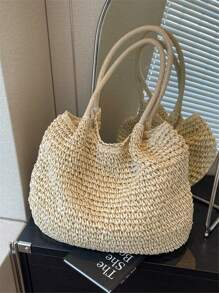 Fashionable Large Capacity Holiday Beach Bag, Women's Woven Straw Tote Bag, Casual Woven Shoulder Bag, Suitable For Traveling, Vacation, Beach And Picnic, A Gift For Women And Moms, Fashionable Vacation Bag For Summer - Beige - View 7