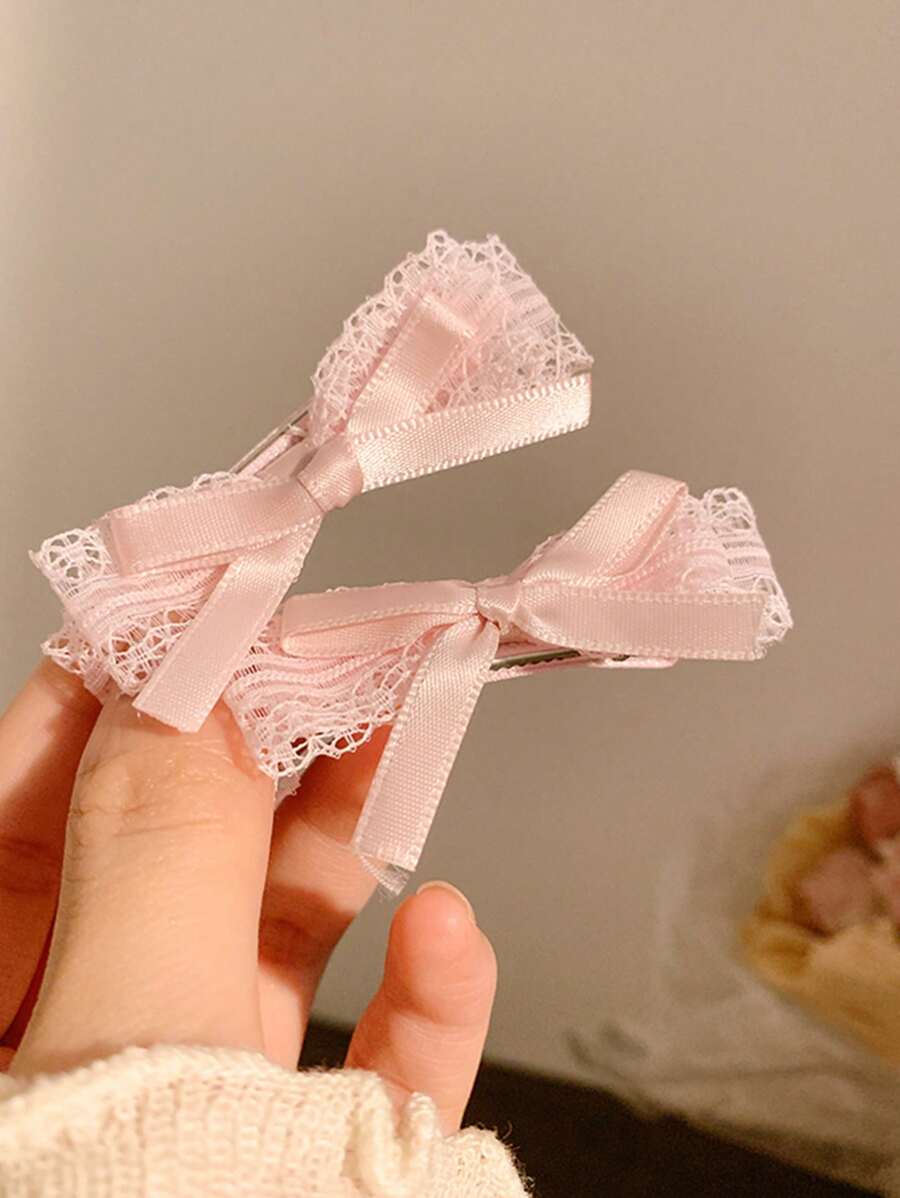 2/4 件套法式芭蕾风格粉色蕾丝蝴蝶结发夹女士刘海侧发饰情人节情人爪夹发夹发夹，女士冬季服装，蝴蝶结，可爱