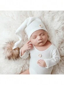 新生儿摄影道具服装婴儿三角连体衣带绒球装饰长尾帽和蕾丝，女童拍照服装婴儿洗礼复活节礼物适合男孩/女孩 - 彩色 - 查看 3