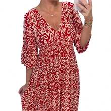 Large size super fairy V-neck floral dress seaside holiday beach dress loose long skirt - Rojo - Ver 1