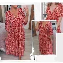 Large size super fairy V-neck floral dress seaside holiday beach dress loose long skirt - Rojo - Ver 4