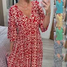 Large size super fairy V-neck floral dress seaside holiday beach dress loose long skirt - Rojo - Ver 3