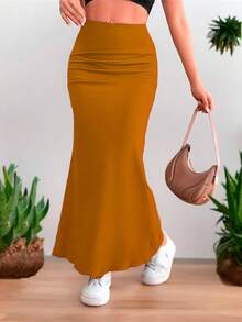 Falda larga corte de sirena ajustada para mujer de moda - Naranja Quemada - Ver 3