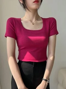 Camiseta de Manga Corta para Mujer Casual, Camisa de Algodón de Manga Corta para Mujer, Blusa Top para Dama con Cuello Cuadrado de Verano, Playeras para Mujer Básica Algodón, blusa dama casual, blusas de mujer, blusas elegantes,  blusas escotadas, blusas basicas mujer - Rosa Fucsia - Ver 3