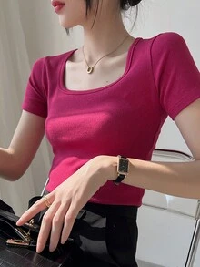Camiseta de Manga Corta para Mujer Casual, Camisa de Algodón de Manga Corta para Mujer, Blusa Top para Dama con Cuello Cuadrado de Verano, Playeras para Mujer Básica Algodón, blusa dama casual, blusas de mujer, blusas elegantes,  blusas escotadas, blusas basicas mujer - Rosa Fucsia - Ver 5