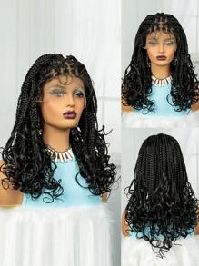Lace Front Square Knotless Box Braided Wigs With Curly Ends For Women Black Synthetic Full Double Lace Frontal Cornrow Braid Wig With Baby Hairs - Multicolor - View 3