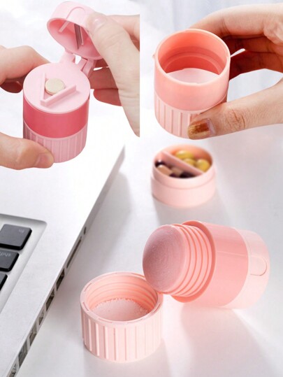 Caja portátil pequeña para pastillas con cortador de pastillas, triturador de pastillas, polvo de pastillas, caja multifunción de cuatro tesoros, divisor de pastillas, rompe pastillas, cortador y triturador de pastillas en un minuto, caja portátil para pastillas