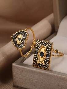 新款黑色珐琅邪眼心形戒指，不锈钢可调节开口戒指，18K镀金不褪色吊坠，时尚饰品，节日派对配饰，情人节礼物 - 不銹鋼戒指 - 查看 3