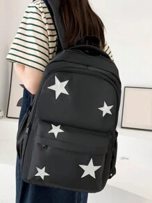 Girls' Backpack Set, 5-Pointed Star Design, Large Capacity, Suitable For Elementary, Middle School And College Students, Casual Backpack - Black - View 3