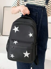 Girls' Backpack Set, 5-Pointed Star Design, Large Capacity, Suitable For Elementary, Middle School And College Students, Casual Backpack - Black - View 4