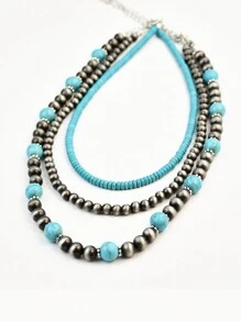 Set de 3 collares hechos a mano con cuentas, estilo vintage occidental y campestre, de turquesa, multicapa, joyería versátil como regalo