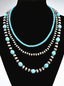 Set de 3 collares hechos a mano con cuentas, estilo vintage occidental y campestre, de turquesa, multicapa, joyería versátil como regalo
