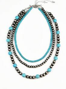 Set de 3 collares hechos a mano con cuentas, estilo vintage occidental y campestre, de turquesa, multicapa, joyería versátil como regalo