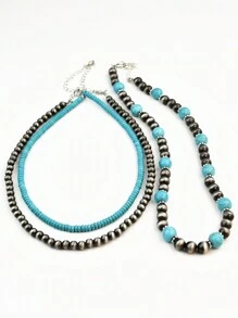 Set de 3 collares hechos a mano con cuentas, estilo vintage occidental y campestre, de turquesa, multicapa, joyería versátil como regalo