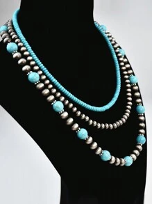 Set de 3 collares hechos a mano con cuentas, estilo vintage occidental y campestre, de turquesa, multicapa, joyería versátil como regalo