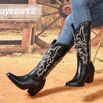 Nuevas botas de media pantorrilla con tacón grueso, puntera cuadrada y bordado clásico europeo y americano de moda para mujer, perfectas para el Día de San Valentín