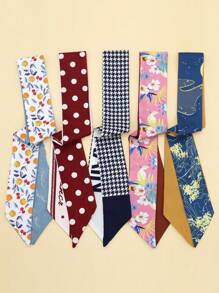5 件装女士多用途格子、豹纹、花朵、花卉图案围巾，包包装饰带礼盒 - 时尚小丝巾优雅头巾、发带、头带非常适合装扮您的情人节 - 彩色 - 查看 17